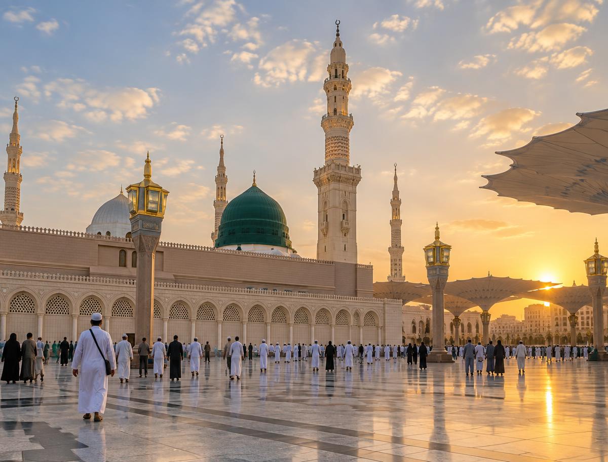 Courtyard of Al-Masjid an-Nabawi at sunset