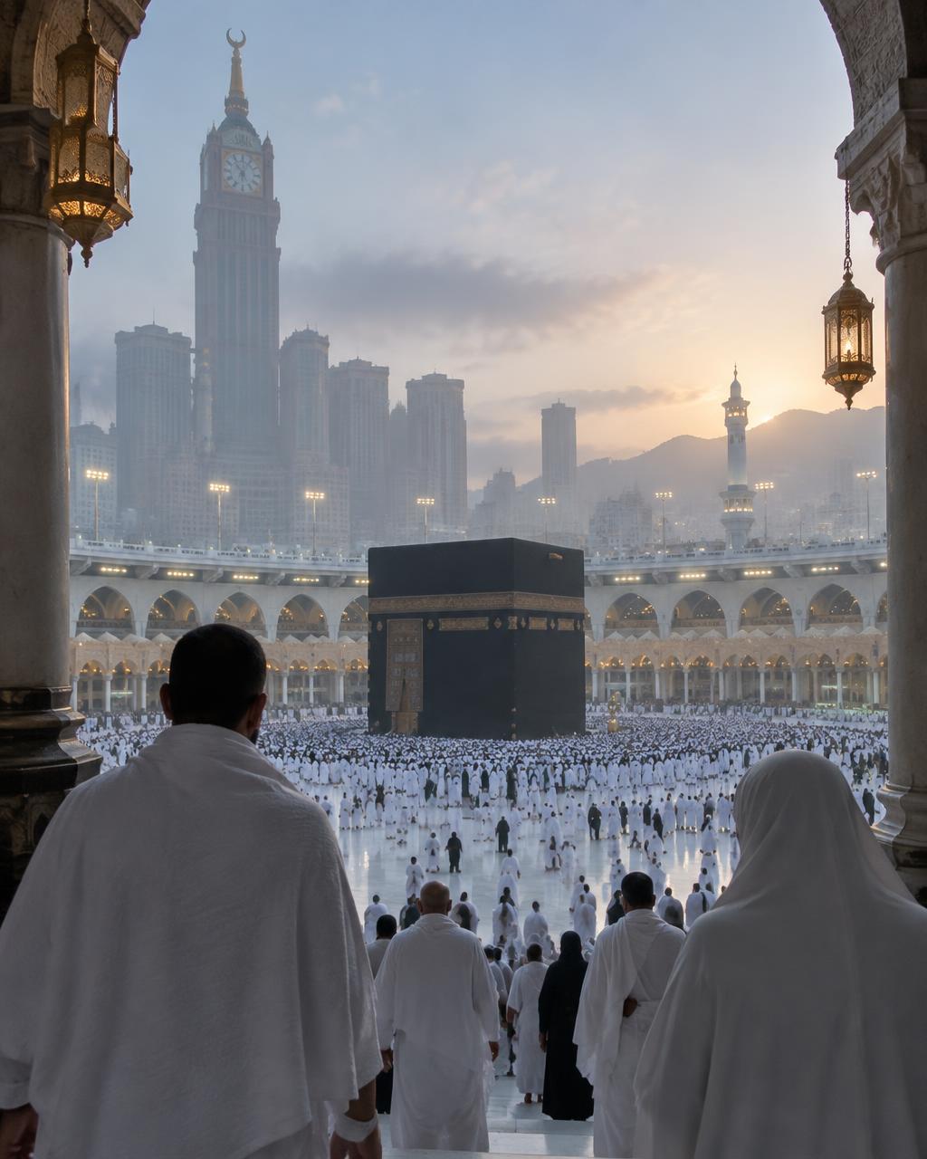 Pilgrims approaching the Kaaba in the soft light of dawn